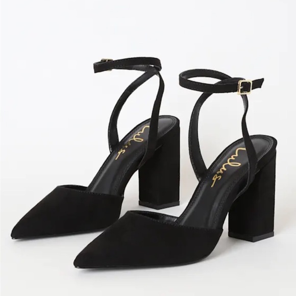 Lulu's Viki Black Suede Pointed Toe Ankle Strap Pumps - Picture 1 of 4